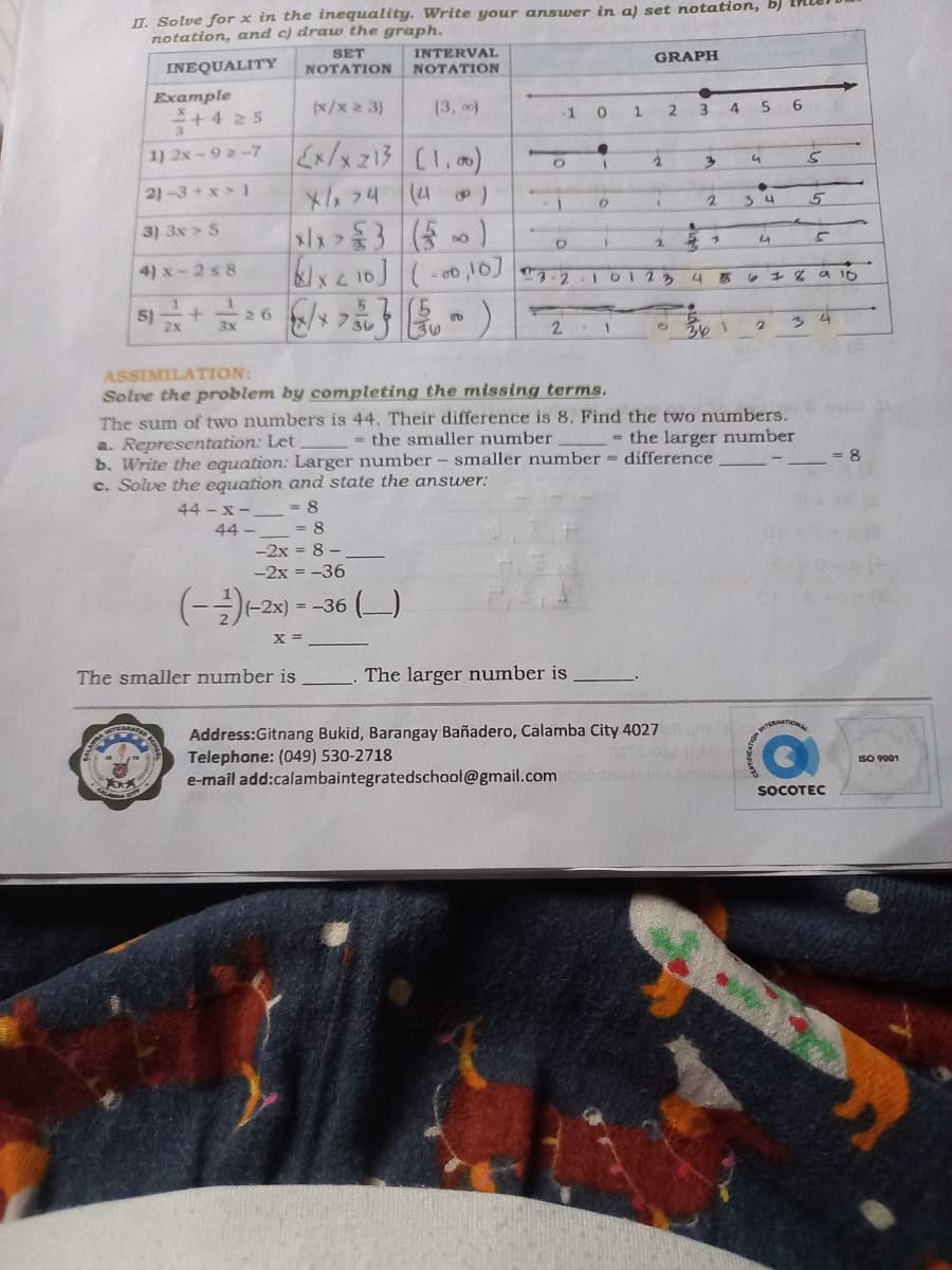 1. Solve for x in the inequality. Write your answer in a) set notation, b)
notation, and c) draw the graph.
INEQUALITY
SET
NOTATION
INTERVAL
NOTATION
GRAPH
Example
+4 2 5
(x/x a 3)
(3, )
-1
3.
5
6.
1) 2x-9 2-7
Ex/x 213 (1,0)
4
2)-3+x> 1
x/,74 (4 )
34
3) 3x > 5
2.
4) x-2 s 8
6 1 2 a 10
5)
2x
26
3x
2.1
う4
361
ASSIMILATION:
Solve the problem by completing the missing terms.
The sum of two numbers is 44. Their difference is 8. Find the two numbers.
a. Representation: Let
b. Write the equation: Larger number - smaller number = difference
c. Solve the equation and state the answer:
= the smaller number
= the larger number
44 - x- = 8
44
= 8
-2x = 8 -
-2x = -36
(-2x) = -36 )
X =
The smaller number is
The larger number is
Address:Gitnang Bukid, Barangay Bañadero, Calamba City 4027
Telephone: (049) 530-2718
e-mail add:calambaintegratedschool@gmail.com
ISO 9001
sSoCOTEC
