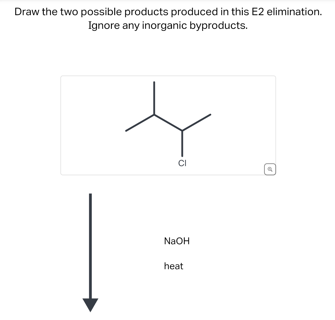 Draw the two possible products produced in this E2 elimination.
Ignore any inorganic byproducts.
J
NaOH
heat
✔