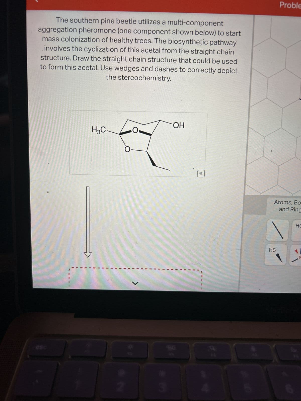 The southern pine beetle utilizes a multi-component
aggregation pheromone (one component shown below) to start
mass colonization of healthy trees. The biosynthetic pathway
involves the cyclization of this acetal from the straight chain
structure. Draw the straight chain structure that could be used
to form this acetal. Use wedges and dashes to correctly depict
the stereochemistry.
H3C
O-
2
3
OH
O
Proble
Atoms, Bo
and Ring
HS
5
466
HO
S