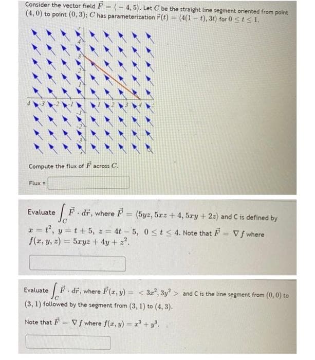 Consider the vector field F = (-4,5). Let C be the straight line segment oriented from point
(4,0) to point (0, 3); C has parameterization F(t) = (4(1-t), 3t) for 0 ≤ t ≤ 1.
Compute the flux of F across C.
Flux =
Evaluate F. dr, where F = (5yz, 5x2 + 4, 5xy + 2z) and C is defined by
x=t², y=t+5, z = 4t-5, 0 < t < 4. Note that F= Vf where
f(x, y, z) = 5xyz + 4y + 2².
[F. dr, where F(x, y) = < 32², 3y²> and C is the line segment from (0, 0) to
Evaluate
(3, 1) followed by the segment from (3, 1) to (4,3).
Vf where f(x, y) = x³ + y³.
Note that F
=