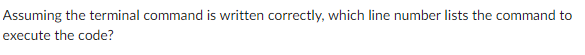 Assuming the terminal command is written correctly, which line number lists the command to
execute the code?