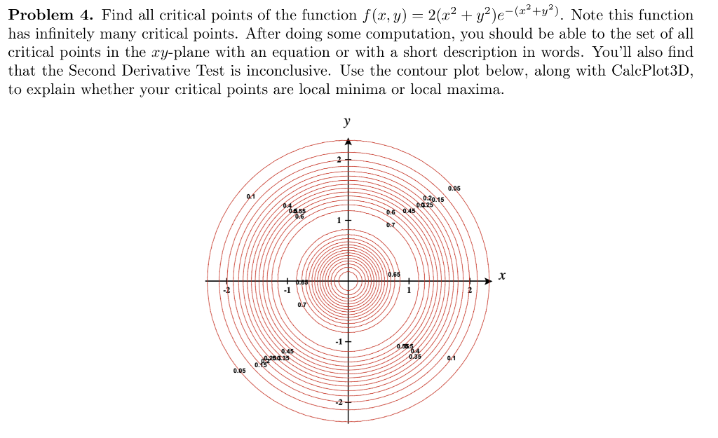 Problem 4. Find all critical points of the function f(x, y) = 2(x² + y²)e−(x²+y²). Note this function
has infinitely many critical points. After doing some computation, you should be able to the set of all
critical points in the xy-plane with an equation or with a short description in words. You'll also find
that the Second Derivative Test is inconclusive. Use the contour plot below, along with CalcPlot3D,
to explain whether your critical points are local minima or local maxima.
-2
0.05
01
04658
-1
0.228:4:35
0.7
y
-1-
0.6 0.450425
1
0.555
0:20.15
0.35
0.05
X