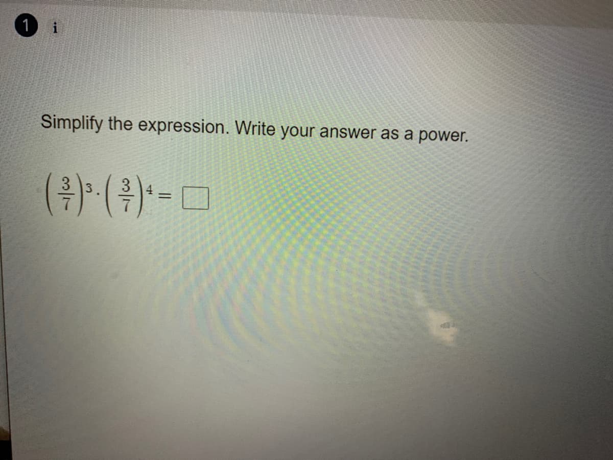 1
i
Simplify the expression. Write your answer as a power.
(위) (후)-□
3
%3D
