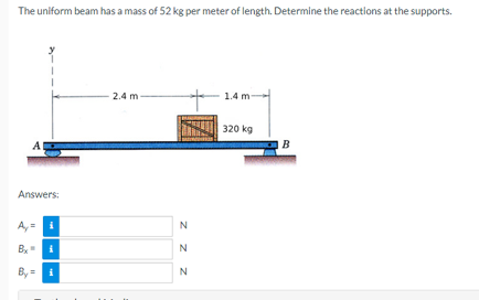 The uniform beam has a mass of 52 kg per meter of length. Determine the reactions at the supports.
A
Answers:
Ay=
Bx
By= i
i
2.4 m-
N
z z z
N
N
1.4 m-
320 kg
B