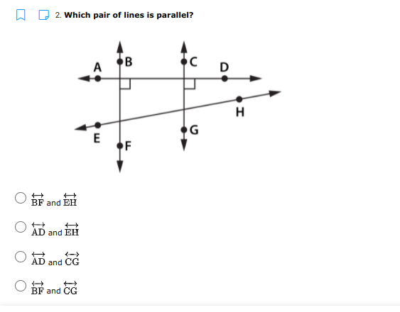 2. Which pair of lines is parallel?
A
D
H
G
F
BF and EH
AD and EH
AD and CG
BF and CG
個
