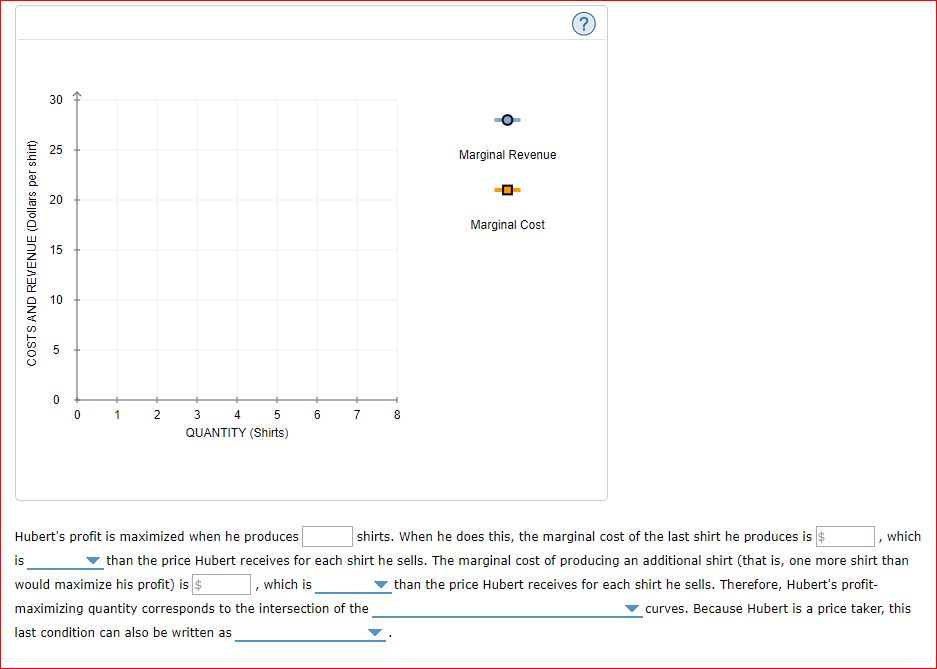 COSTS AND REVENUE (Dollars per shirt)
30
25
20
15
10
5
0
←+
0
1
2
3
5
QUANTITY (Shirts)
4
6
7
8
Marginal Revenue
Marginal Cost
?
Hubert's profit is maximized when he produces
shirts. When he does this, the marginal cost of the last shirt he produces is $
which
is
than the price Hubert receives for each shirt he sells. The marginal cost of producing an additional shirt (that is, one more shirt than
would maximize his profit) is $ , which is
than the price Hubert receives for each shirt he sells. Therefore, Hubert's profit-
maximizing quantity corresponds to the intersection of the
curves. Because Hubert is a price taker, this
last condition can also be written as