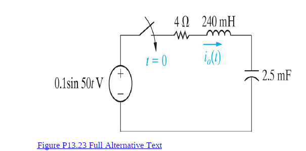 40 240 mH
t = 0
i,()
2.5 mF
0.1sin 50f V
Figure P13.23 Full Alternative Text
