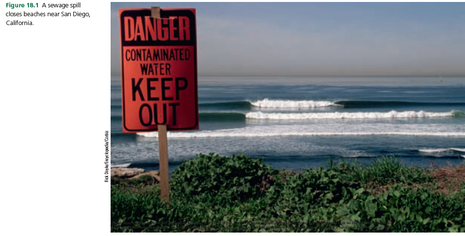 Figure 18.1 A sewage spill
closes beaches near San Diego,
DANGER
California.
CONTAMINATED
WATER
KEEP
OUT
em the eB
esubseqai
Rick Doyla/Encyclopadia/Corbis
