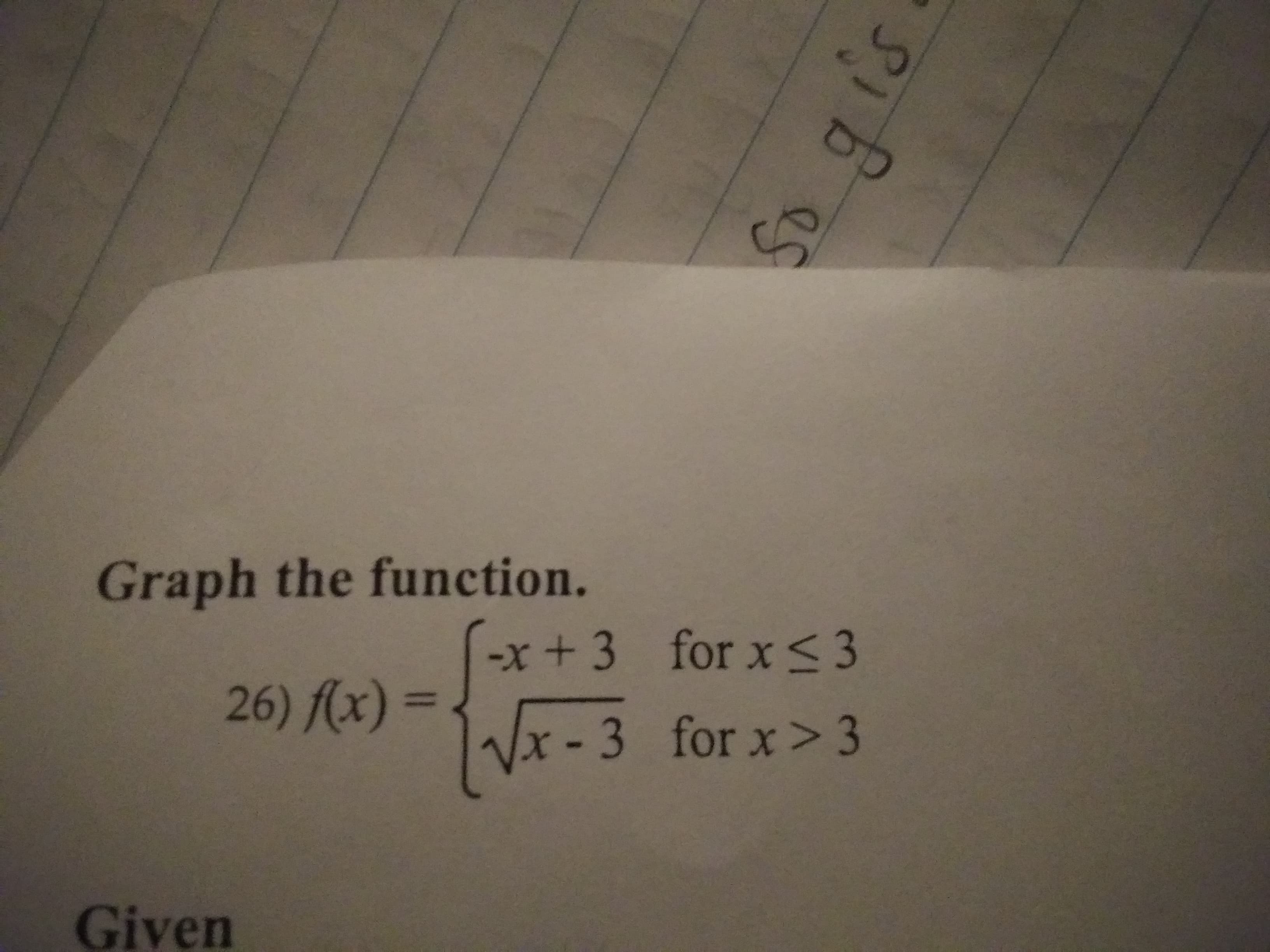 Graph the function.
x+3 for x S 3
26) (x) =
Vx-3 for x>3
Given
