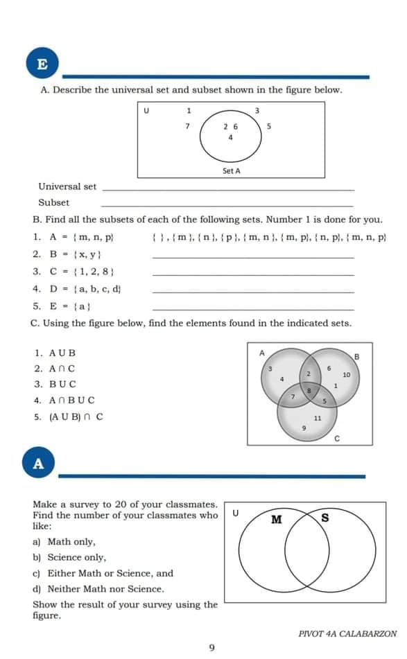 E
A. Describe the universal set and subset shown in the figure below.
Set A
Universal set
Subset
B. Find all the subsets of each of the following sets. Number 1 is done for you.
1. A = {m, n, p}
2. B = |x, y}
3. C = {1, 2, 8}
{3.im) in, ip}, m, n , { m, pl, {n, p), m, n, p)
!!
%3!
4. D =
(a, b, c, d)
5. E - fa}
C. Using the figure below, find the elements found in the indicated sets.
1. AUB
2. AnC
10
3. BUC
4. AПBUC
5. (AUB) n c
A
Make a survey to 20 of your classmates.
Find the number of your classmates who U
M
like:
a) Math only,
b) Science only,
c) Either Math or Science, and
d) Neither Math nor Science.
Show the result of your survey using the
figure.
PIVOT 4A CALABARZON
