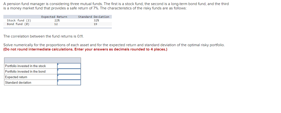 A pension fund manager is considering three mutual funds. The first is a stock fund, the second is a long-term bond fund, and the third
is a money market fund that provides a safe return of 7%. The characteristics of the risky funds are as follows:
Stock fund (S)
Bond fund (B)
Expected Return
22%
12
Standard Deviation
32%
19
The correlation between the fund returns is 0.11.
Solve numerically for the proportions of each asset and for the expected return and standard deviation of the optimal risky portfolio.
(Do not round intermediate calculations. Enter your answers as decimals rounded to 4 places.)
Portfolio invested in the stock
Portfolio invested in the bond
Expected return
Standard deviation