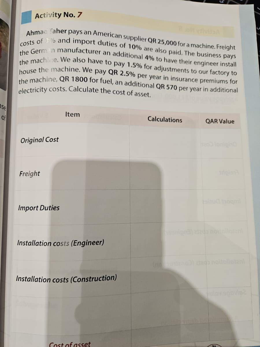 se
Of
Activity No. 7
Ahmad Taher pays an American supplier QR 25,000 for a machine. Freight
costs of 3% and import duties of 10% are also paid. The business pays
the German manufacturer an additional 4% to have their engineer install
the machine. We also have to pay 1.5% for adjustments to our factory to
house the machine. We pay QR 2.5% per year in insurance premiums for
the machine, QR 1800 for fuel, an additional QR 570 per year in additional
electricity costs. Calculate the cost of asset.
Original Cost
Freight
Import Duties
Item
Installation costs (Engineer)
Installation costs (Construction)
Cost of asset
Calculations
QAR Value
1200 lonigho
tripis17
(senigna) 21200 noitollotani
(nounizno)) 21205 noitolintani
ulov spovip2