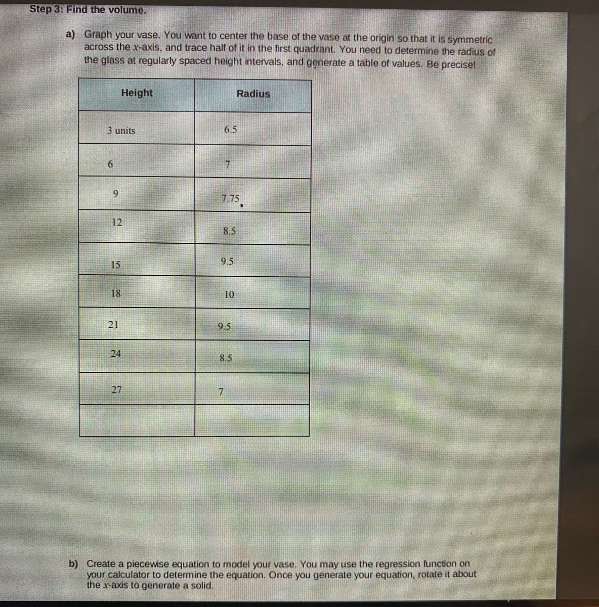 Step 3: Find the volume.
a) Graph your vase. You want to center the base of the vase at the origin so that it is symmetric
across the x-axis, and trace half of it in the first quadrant. You need to determine the radius of
the glass at regularly spaced height intervals, and generate a table of values. Be precise!
Height
Radius
3 units
6.5
6.
7.
9.
1.75.
12
8.5
15
9.5
18
10
21
95
24
8.5
27
b) Create a piecewise equation to model your vase. You may use the regression funetion on
your calculator to determine the equation. Once you generate your equation, rotate it about
the x-axis to generate a solid.
