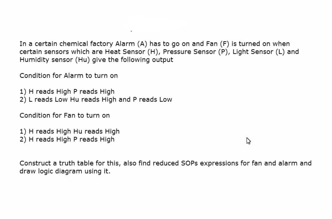 In a certain chemical factory Alarm (A) has to go on and Fan (F) is turned on when
certain sensors which are Heat Sensor (H), Pressure Sensor (P), Light Sensor (L) and
Humidity sensor (Hu) give the following output
Condition for Alarm to turn on
1) H reads High P reads High
2) L reads Low Hu reads High and P reads Low
Condition for Fan to turn on
1) H reads High Hu reads High
2) H reads High P reads High
Construct a truth table for this, also find reduced SOPS expressions for fan and alarm and
draw logic diagram using it.
