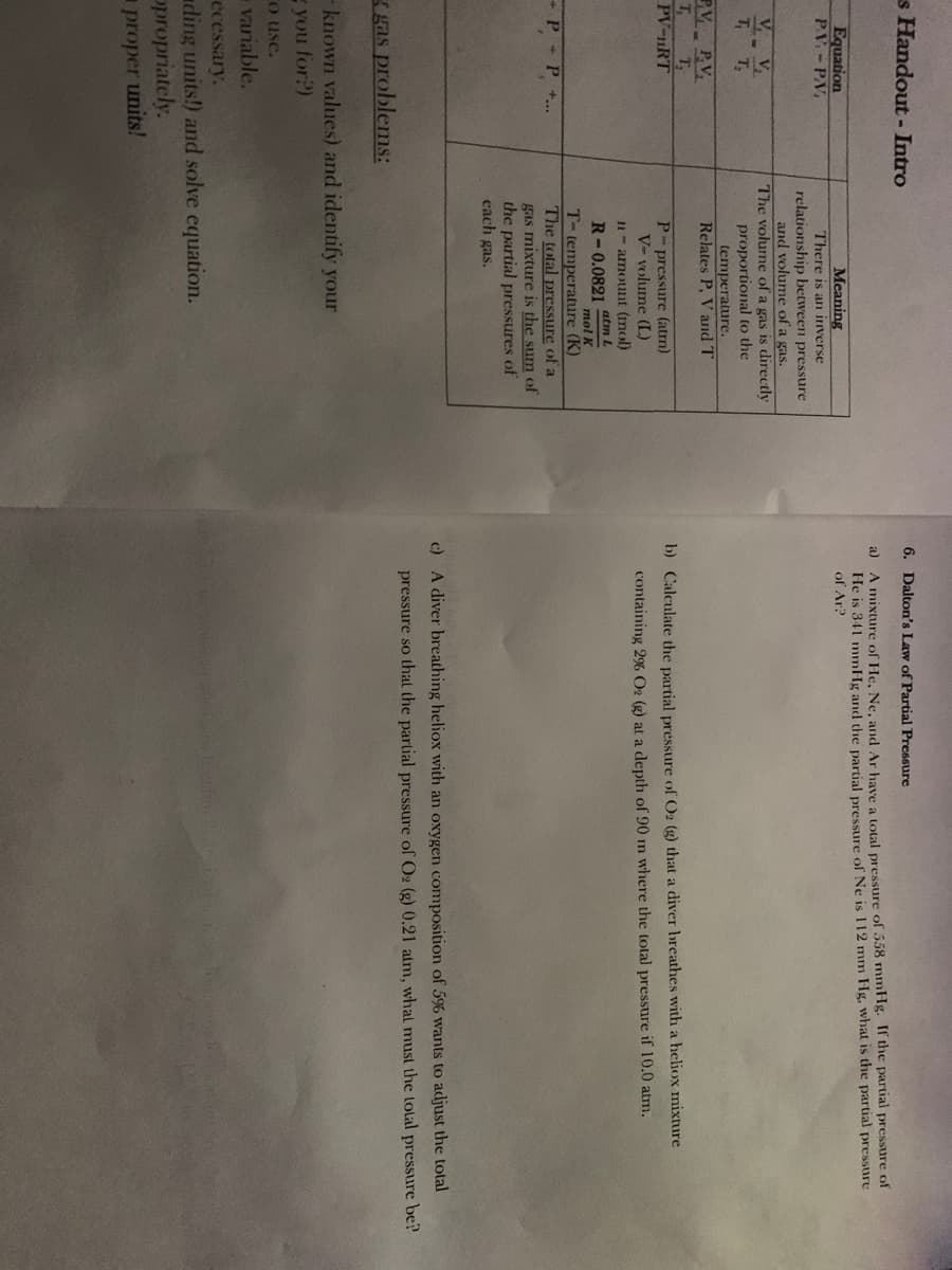 s Handout - Intro
6. Dalton's Law of Partial Pressure
a) A mixture of He, Ne, and Ar have a total pressure of 558 mmHg. If the partial pressure of
He is 341 mmHg and the partial pressure of Ne is 112 mm Hg, what is the partial pressure
of Ar?
Equation
PV-P.V,
Meaning
There is an inverse
relationship between pressure
and volume of a gas.
The volume of a gas is directly
proportional to the
temperature.
Relates P, V and T
V V
T T
PV P.V
T,
PV-uRT
b) Calculate the partial pressure of O2 (g) that a diver breathes with a heliox mixture
P-pressure (atm)
V- volume (L)
containing 2% O2 (g) at a depth of 90 m where the total pressure if 10.0 atm.
1- amount (mol)
R-0.0821 4tm L
T-temperature (K)
The total pressure of a
gas mixture is the sum of
the partial pressures of
cach gas.
тol K
- P - P +...
c) A diver breathing heliox with an oxygen composition of 5% wants to adjust the total
pressure so that the partial pressure of Oz (g) 0.21 atm, whal must the tolal pressure be?
gas problems:
known values) and identify your
you for?)
O use.
variable.
ecessary.
ading units!) and solve equation.
opropriately.
proper units!
