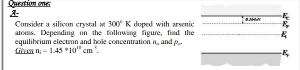 Question one:
A-
-E
0164V
Consider a silicon crystal at 300° K doped with arsenic
atoms. Depending on the following figure, find the
equilibrium electron and hole concentration n, and po-
Given n; = 1.45 *101° cm³.
-E,
