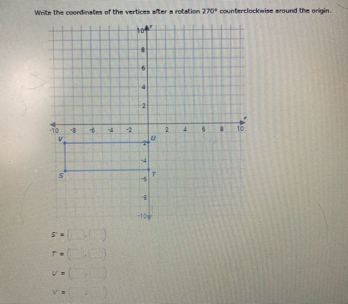 Write the coordinates of the vertices after a rotation 270° counterclockwise around the origin.
104
8.
4.
2
-10
8-
-4
-2
2.
4.
8.
10
V%3D
