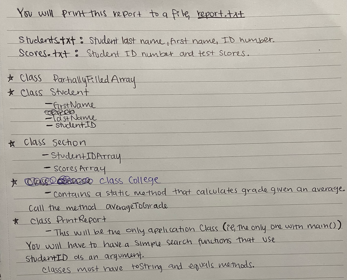 You will print this report to a file report.txt
Studentstxt: Student last name, firstname, ID humber.
Scores.txt %
Student ID number and test ScoreS.
* Class PartiallyElled Aray
* Class Student
-first Name
Iast Name
- StudentID
* Class Sechon
-Student IDArray
- Scores Array
* CaseD RsO class College
Contains a static method that calculates grade given an average
Call the method averageToGnrade
* Class PrintReport
-This will be the only application Class (ie, the only one with mainO)
You will have to have a Simple search functions that use
StudentID ds an argument.
classes must have to String and equals methods.
