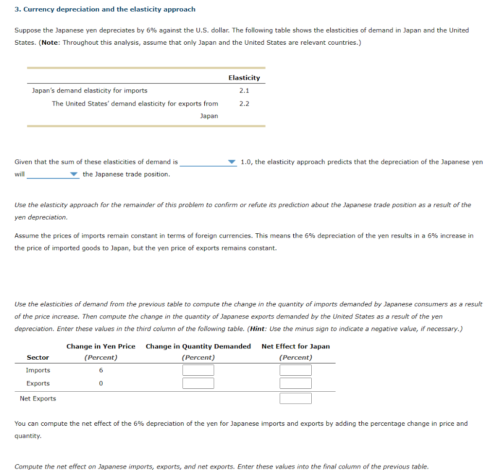 3. Currency depreciation and the elasticity approach
Suppose the Japanese yen depreciates by 6% against the U.S. dollar. The following table shows the elasticities of demand in Japan and the United
States. (Note: Throughout this analysis, assume that only Japan and the United States are relevant countries.)
Elasticity
Japan's demand elasticity for imports
2.1
The United States' demand elasticity for exports from
2.2
Japan
Given that the sum of these elasticities of demand is
will
the Japanese trade position.
1.0, the elasticity approach predicts that the depreciation of the Japanese yen
Use the elasticity approach for the remainder of this problem to confirm or refute its prediction about the Japanese trade position as a result of the
yen depreciation.
Assume the prices of imports remain constant in terms of foreign currencies. This means the 6% depreciation of the yen results in a 6% increase in
the price of imported goods to Japan, but the yen price of exports remains constant.
Use the elasticities of demand from the previous table to compute the change in the quantity of imports demanded by Japanese consumers as a result
of the price increase. Then compute the change in the quantity of Japanese exports demanded by the United States as a result of the yen
depreciation. Enter these values in the third column of the following table. (Hint: Use the minus sign to indicate a negative value, if necessary.)
Sector
Change in Yen Price
(Percent)
Change in Quantity Demanded
(Percent)
Net Effect for Japan
(Percent)
Imports
Exports
6
0
Net Exports
You can compute the net effect of the 6% depreciation of the yen for Japanese imports and exports by adding the percentage change in price and
quantity.
Compute the net effect on Japanese imports, exports, and net exports. Enter these values into the final column of the previous table.