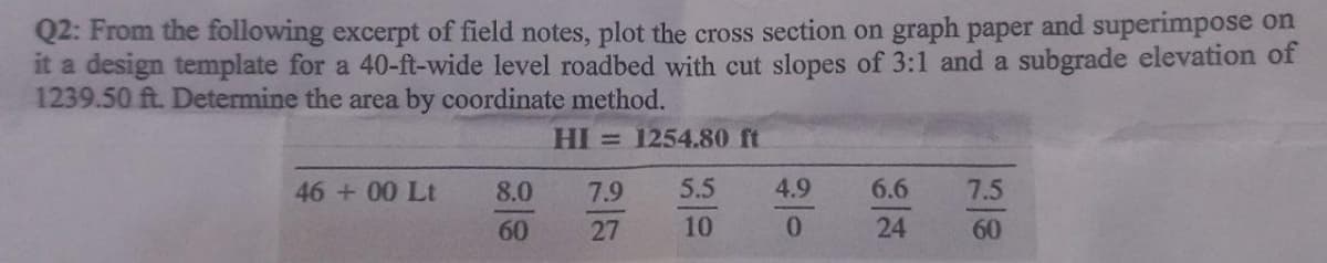 Q2: From the following excerpt of field notes, plot the cross section on graph paper and superimpose on
it a design template for a 40-ft-wide level roadbed with cut slopes of 3:1 and a subgrade elevation of
1239.50 ft. Determine the area by coordinate method.
HI = 1254.80 ft
46 + 00 Lt
8.0
7.9
5.5
4.9
6.6
7.5
60
27
10
0.
24
60
