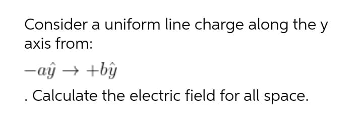 Consider a uniform line charge along the y
axis from:
-aŷ → +by
Calculate the electric field for all space.
