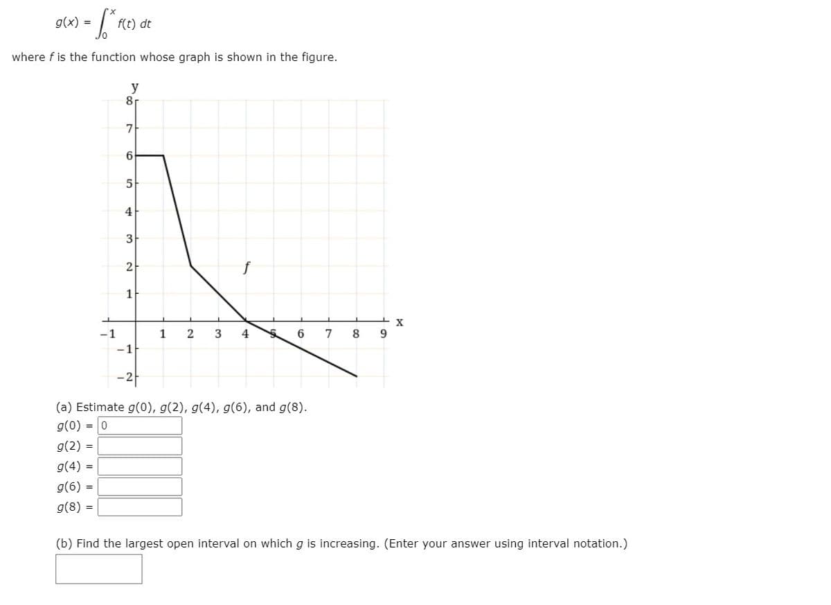 g(x) =
f(t) dt
where f is the function whose graph is shown in the figure.
y
8r
6
5
4
3-
f
1F
-1
1
2
3
4
6
7
8
-1
(a) Estimate g(0), g(2), g(4), g(6), and g(8).
g(0) = 0
g(2) =
g(4) =
g(6) =
g(8) =
(b) Find the largest open interval on whichg is increasing. (Enter your answer using interval notation.)
