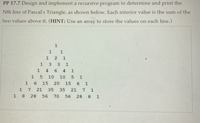 PP 17.7 Design and implement a recursive program to determine and print the
Nth line of Pascal's Triangle, as shown below. Each interior value is the sum of the
two values above it. (HINT: Use an array to store the values on each line.)
1 2
1
1
3
3.
4
6.
1
1
10
10
5 1
1
15
20
15
6 1
7
21
35
35
21
7
1
1
8.
28
56 70
56
28
8 1
1.
1.
1.
