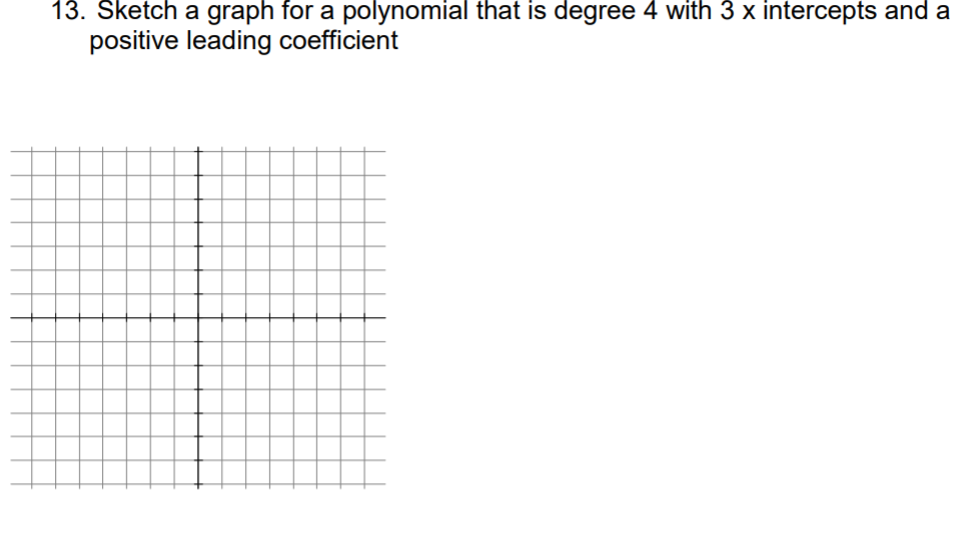 13. Sketch a graph for a polynomial that is degree 4 with 3 x intercepts and a
positive leading coefficient
