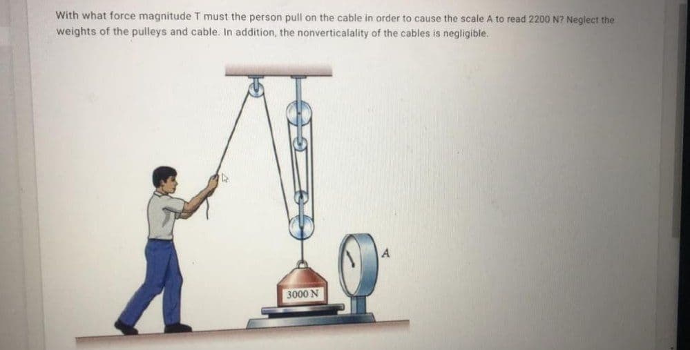 With what force magnitude T must the person pull on the cable in order to cause the scale A to read 2200 N? Neglect the
weights of the pulleys and cable. In addition, the nonverticalality of the cables is negligible.
3000 N
