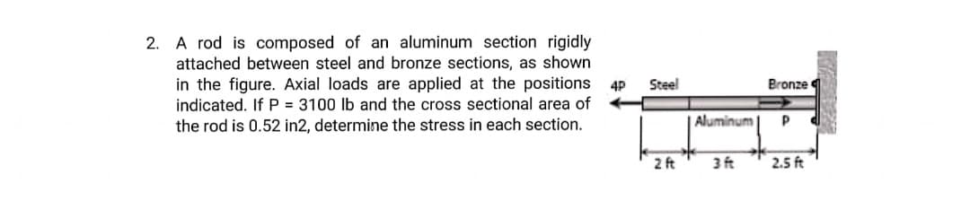 2. A rod is composed of an aluminum section rigidly
attached between steel and bronze sections, as shown
in the figure. Axial loads are applied at the positions
indicated. If P = 3100 lb and the cross sectional area of
the rod is 0.52 in2, determine the stress in each section.
4P
Steel
Bronze
|Aluminum
2 ft
3 ft
2.5 ft
