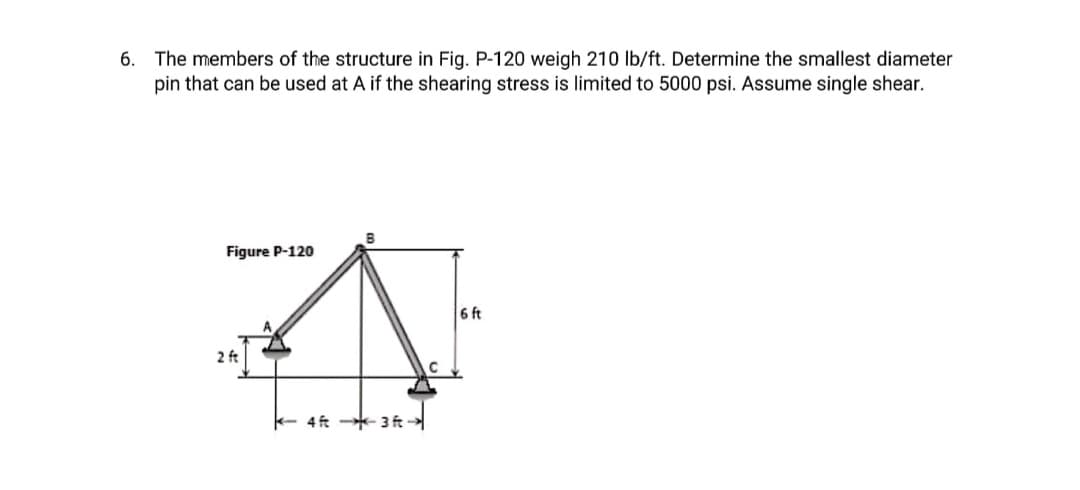 The members of the structure in Fig. P-120 weigh 210 Ib/ft. Determine the smallest diameter
pin that can be used at A if the shearing stress is limited to 5000 psi. Assume single shear.
6.
Figure P-120
6 ft
2 fe
4 ft - 3 ft -
