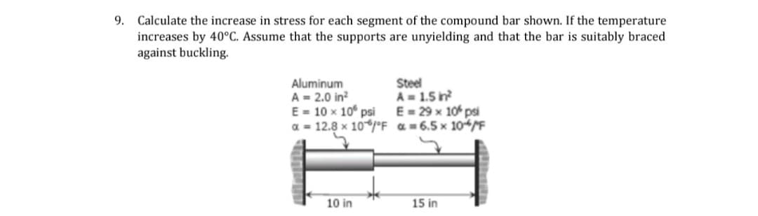 9. Calculate the increase in stress for each segment of the compound bar shown. If the temperature
increases by 40°C. Assume that the supports are unyielding and that the bar is suitably braced
against buckling.
Aluminum
A = 2.0 in?
E = 10 x 10° psi
a = 12.8 x 10°F& = 6.5 x 10/F
Steel
A= 1.5 n
E= 29 x 10 psi
10 in
15 in
