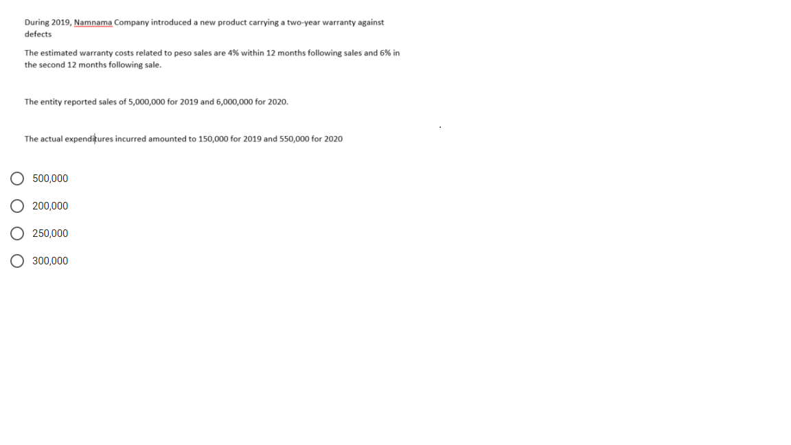 During 2019, Namnama Company introduced a new product carrying a two-year warranty against
defects
The estimated warranty costs related to peso sales are 4% within 12 months following sales and 6% in
the second 12 months following sale.
Ο Ο
The entity reported sales of 5,000,000 for 2019 and 6,000,000 for 2020.
The actual expenditures incurred amounted to 150,000 for 2019 and 550,000 for 2020
500,000
200,000
250,000
300,000