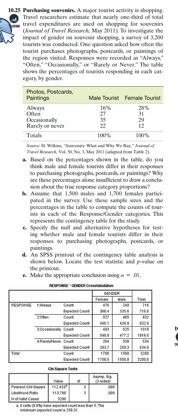 10.25 Purchasing souvenirs. A major tourist activity is shopping.
Travel researchers estimate that nearly one-third of total
UVNR travel expenditures are used on shopping for souvenirs
(Journal of Travel Research, May 2011). To investigate the
impact of gender on souvenir shopping, a survey of 3,200
tourists was conducted. One question asked how often the
tourist purchases photographs, postcards, or paintings of
the region visited. Responses were recorded as “Always,"
"Often," “Occasionally," or "Rarely or Never." The table
shows the percentages of tourists responding in each cat-
egory, by gender.
Photos, Postcards,
Paintings
Male Tourist Female Tourist
Always
Often
16%
27
28%
Occasionally
Rarely or never
35
22
31
29
12
Totals
100%
100%
Source: H. Wilkins, “Souvenirs: What and Why We Buy," Journal of
Travel Research, Vol. 50, No. 3, May 2011 (adapted from Table 2).
a. Based on the percentages shown in the table, do you
think male and female tourists differ in their responses
to purchasing photographs, postcards, or paintings? Why
are these percentages alone insufficient to draw a conclu-
sion about the true response category proportions?
b. Assume that 1,500 males and 1,700 females partici-
pated in the survey. Use these sample sizes and the
percentages in the table to compute the counts of tour-
ists in each of the Response/Gender categories. This
represents the contingency table for the study.
c. Specify the null and alternative hypotheses for test-
ing whether male and female tourists differ in their
responses to purchasing photographs, postcards, or
paintings.
d. An SPSS printout of the contingency table analysis is
shown below. Locate the test statistic and p-value on
the printout.
e. Make the appropriate conclusion using a = .01.
RESPONSE ' GENDER Crosstabulation
GENDER
Female
Male
Total
RESPONSE
1:Always
Count
476
240
716
Expected Count
380.4
335,6
716.0
2:0ften
Count
527
405
932
Expected Count
495.1
436.9
932.0
3:0ccasionally Count
493
525
1018
10
Expected Count
540.8
477.2
1018.0
4:Rarely/Never Count
204
330
534
TR
Expected Count
283,7
250.3
534.0
Total
Count
1700
1500
3200
Expected Count
1700.0
1500,0
3200.0
Chi-Square Tests
Asymp. Sig.
(2-sided)
Value
df
112.433
113.788
Pearson Chi-Square
.000
Likelihood Ratio
3
.000
Nof Valid Cases
3200
a. 0 cells (0.0%) have expected count less than 5. The
minimum expected count is 250.31.
