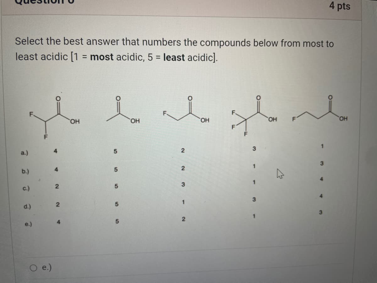 4 pts
Select the best answer that numbers the compounds below from most to
least acidic [1
= most acidic, 5 = least acidic].
%3D
F.
HO,
HO,
HO.
HO.
OH
1.
a.)
1
4.
b.)
4.
3
c.)
4.
3
d.)
3
4.
e.)
O e.)
