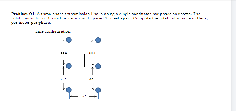 Problem 01: A three phase transmission line is using a single conductor per phase as shown. The
solid conductor is 0.5 inch is radius and spaced 2.5 feet apart. Compute the total inductance in Henry
per meter per phase.
Line configuration:
3.0 ft
3.0 ft
7.0 ft
3.0 ft