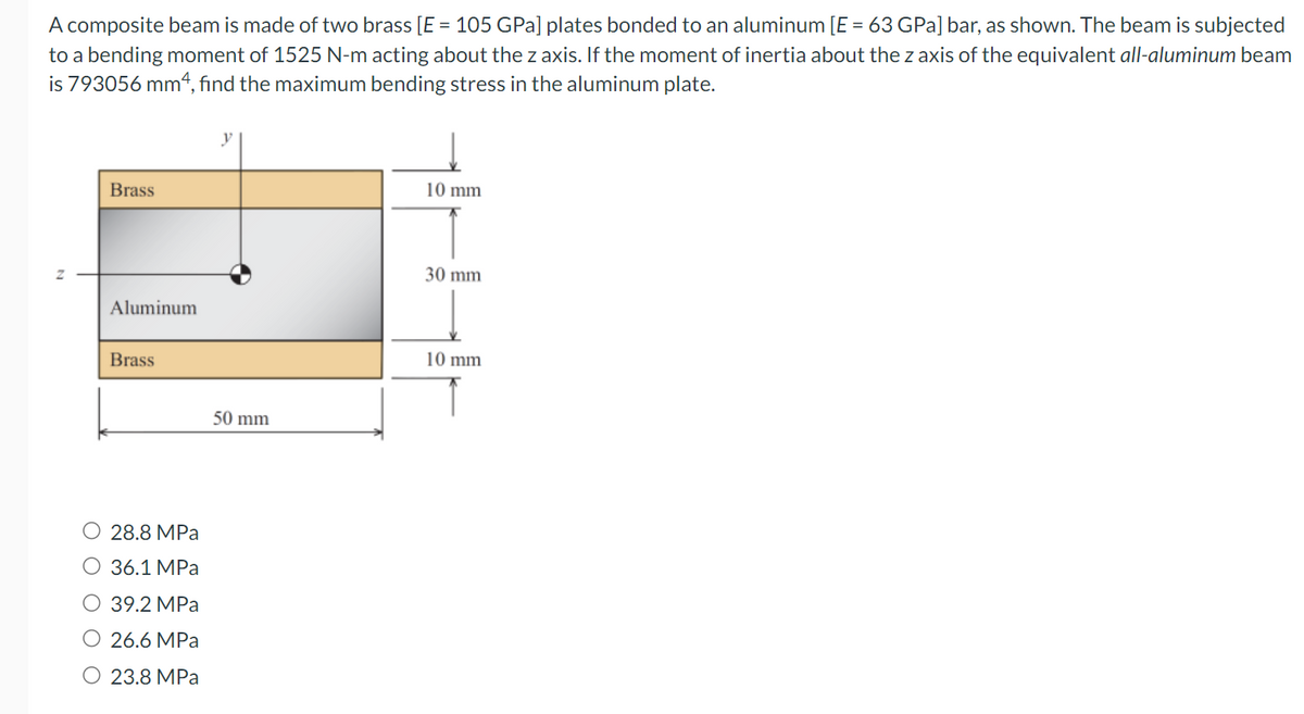 A composite beam is made of two brass [E = 105 GPa] plates bonded to an aluminum [E = 63 GPa] bar, as shown. The beam is subjected
to a bending moment of 1525 N-m acting about the z axis. If the moment of inertia about the z axis of the equivalent all-aluminum beam
is 793056 mm4, find the maximum bending stress in the aluminum plate.
Brass
Aluminum
Brass
28.8 MPa
O 36.1 MPa
O 39.2 MPa
O 26.6 MPa
O 23.8 MPa
50 mm
10 mm
30 mm
10 mm