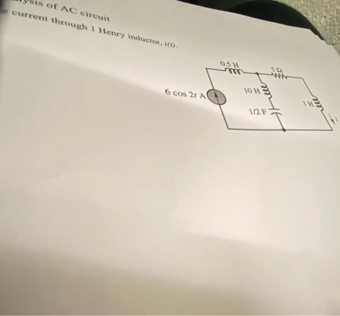 of AC circuit
e current through 1 Henry inductor, i(t).
0.SH
10 H
IH
6 cos 2t A
12 F
