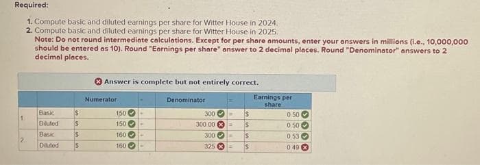 Required:
1. Compute basic and diluted earnings per share for Witter House in 2024.
2. Compute basic and diluted earnings per share for Witter House in 2025.
Note: Do not round intermediate calculations. Except for per share amounts, enter your answers in millions (i.e., 10,000,000
should be entered as 10). Round "Earnings per share" answer to 2 decimal places. Round "Denominator" answers to 2
decimal places.
Answer is complete but not entirely correct.
Numerator.
Basic
$
150
1
Diluted
S
150 -
Basic
160
2.
Diluted
160
Denominator
Earnings per
share
300
0.50
300 00 = 15
0.50
300 =
325x
S
0.53
0 49 X