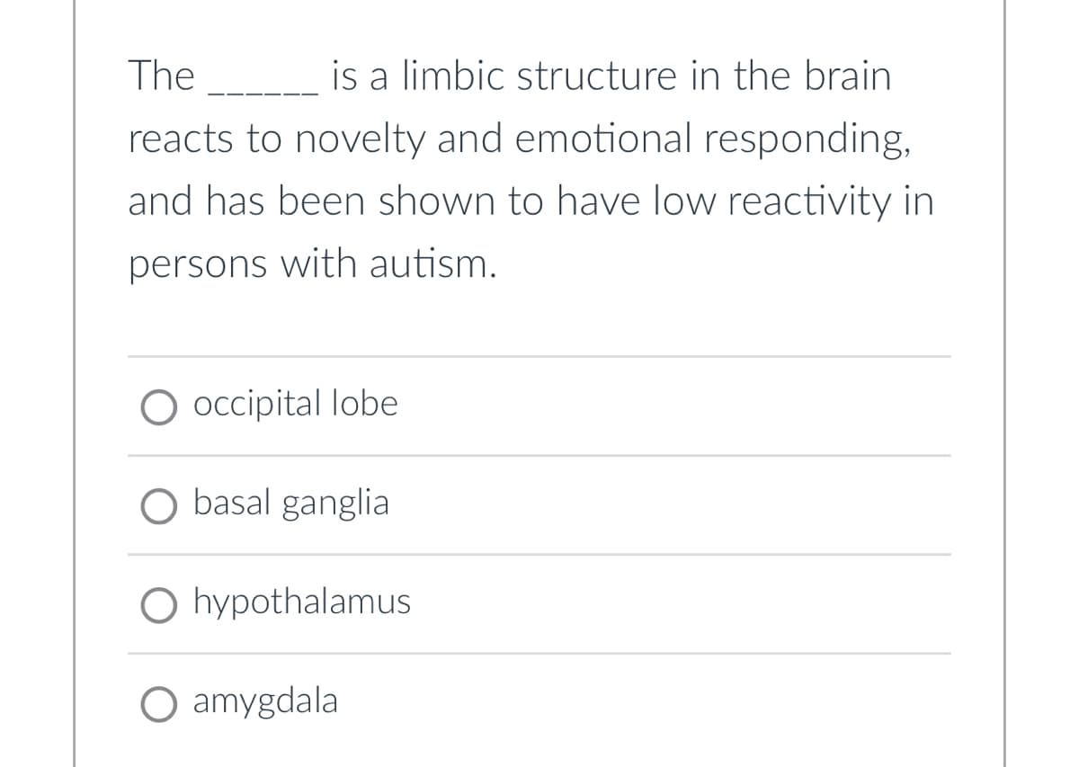 The
is a limbic structure in the brain
reacts to novelty and emotional responding,
and has been shown to have low reactivity in
persons with autism.
occipital lobe
basal ganglia
O hypothalamus
O amygdala