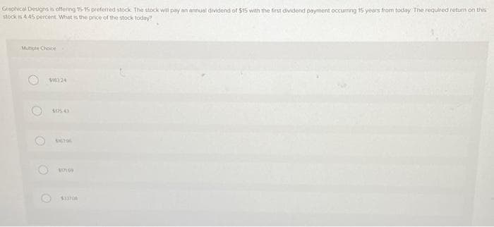 Graphical Designs is offering 15-15 preferred stock. The stock will pay an annual dividend of $15 with the first dividend payment occurring 15 years from today. The required return on this
stock is 4 45 percent What is the price of the stock today?
Mutiple Choice
O
O
O
$10324
$33708