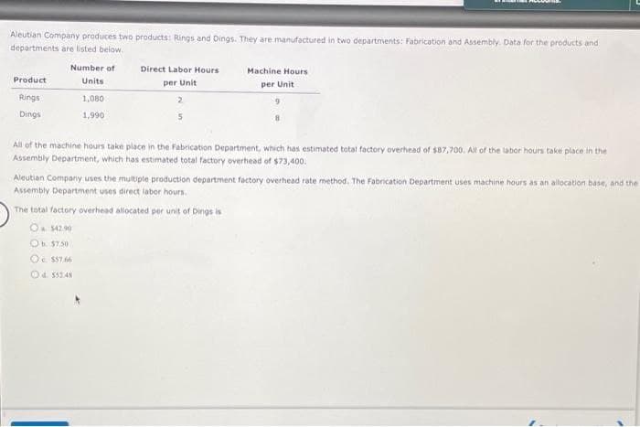 Aleutian Company produces two products: Rings and Dings. They are manufactured in two departments: Fabrication and Assembly. Data for the products and
departments are listed below.
Product
Rings
Dings
Number of
Units
1,080
1,990
Direct Labor Hours
per Unit
2
5
Machine Hours
per Unit
All of the machine hours take place in the Fabrication Department, which has estimated total factory overhead of $87,700. All of the labor hours take place in the
Assembly Department, which has estimated total factory overhead of $73,400.
Aleutian Company uses the multiple production department factory overhead rate method. The Fabrication Department uses machine hours as an allocation base, and the
Assembly Department uses direct labor hours.
The total factory overhead allocated per unit of Dings is
O $42.90
Ob $7.50
O $57.66
Od $52.48
