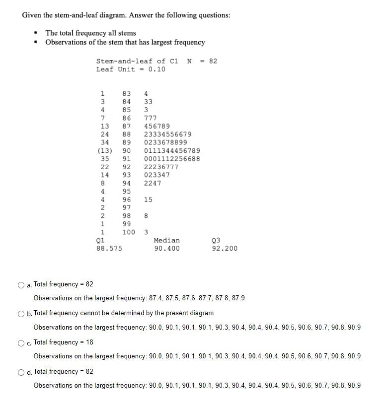 Given the stem-and-leaf diagram. Answer the following questions:
• The total frequency all stems
• Observations of the stem that has largest frequency
Stem-and-leaf of C1 N =- 82
Leaf Unit - 0.10
83
4
84
33
85
3
7
86
87
777
13
456789
24
88
23334556679
0233678899
34
89
(13)
35
90
0111344456789
0001112256688
22236777
023347
91
22
92
14
93
8
94
2247
4
95
4
96
15
2
97
98
8
1
99
1
100 3
Median
Q1
88.575
Q3
92.200
90.400
a. Total frequency = 82
Observations on the largest frequency: 87.4, 87.5, 87.6, 87.7, 87.8, 87.9
O b. Total frequency cannot be determined by the present diagram
Observations on the largest frequency: 90.0, 90.1, 90.1, 90.1, 90.3, 90.4, 90.4, 90.4, 90.5, 90.6, 90.7, 90.8, 90.9
O. Total frequency = 18
Observations on the largest frequency: 90.0, 90.1, 90.1, 90.1, 90.3, 90.4, 90.4, 90.4, 90.5, 90.6, 90.7, 90.8, 90.9
d. Total frequency = 82
Observations on the largest frequency: 90.0, 90.1, 90.1, 90.1, 90.3, 90.4, 90.4, 90.4, 90.5, 90.6, 90.7, 90.8, 90.9
