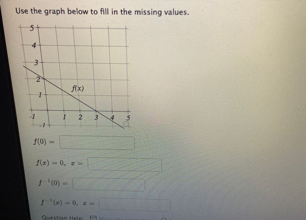 Use the graph below to fill in the missing values.
5
3.
2
f(x)
2.
7.
f(0)
f(x)%3D0, 2 =
f(0) =
f(x) 3D 0, r =
Question Help:
3.
