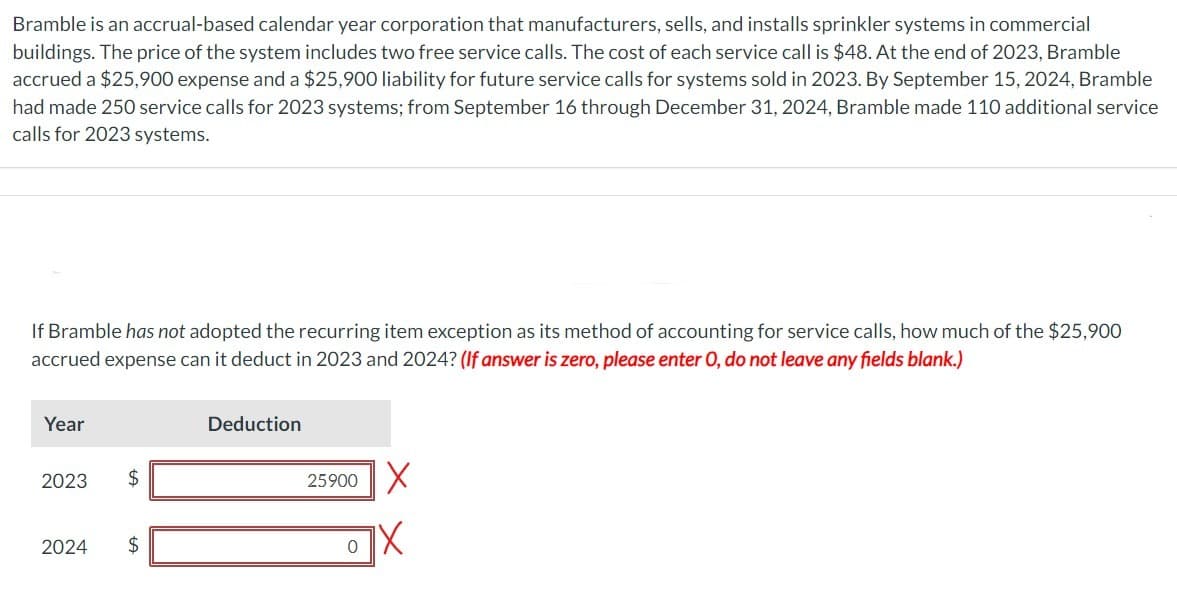 Bramble is an accrual-based calendar year corporation that manufacturers, sells, and installs sprinkler systems in commercial
buildings. The price of the system includes two free service calls. The cost of each service call is $48. At the end of 2023, Bramble
accrued a $25,900 expense and a $25,900 liability for future service calls for systems sold in 2023. By September 15, 2024, Bramble
had made 250 service calls for 2023 systems; from September 16 through December 31, 2024, Bramble made 110 additional service
calls for 2023 systems.
If Bramble has not adopted the recurring item exception as its method of accounting for service calls, how much of the $25,900
accrued expense can it deduct in 2023 and 2024? (If answer is zero, please enter O, do not leave any fields blank.)
Year
2023
2024
$
$
Deduction
25900
0
X