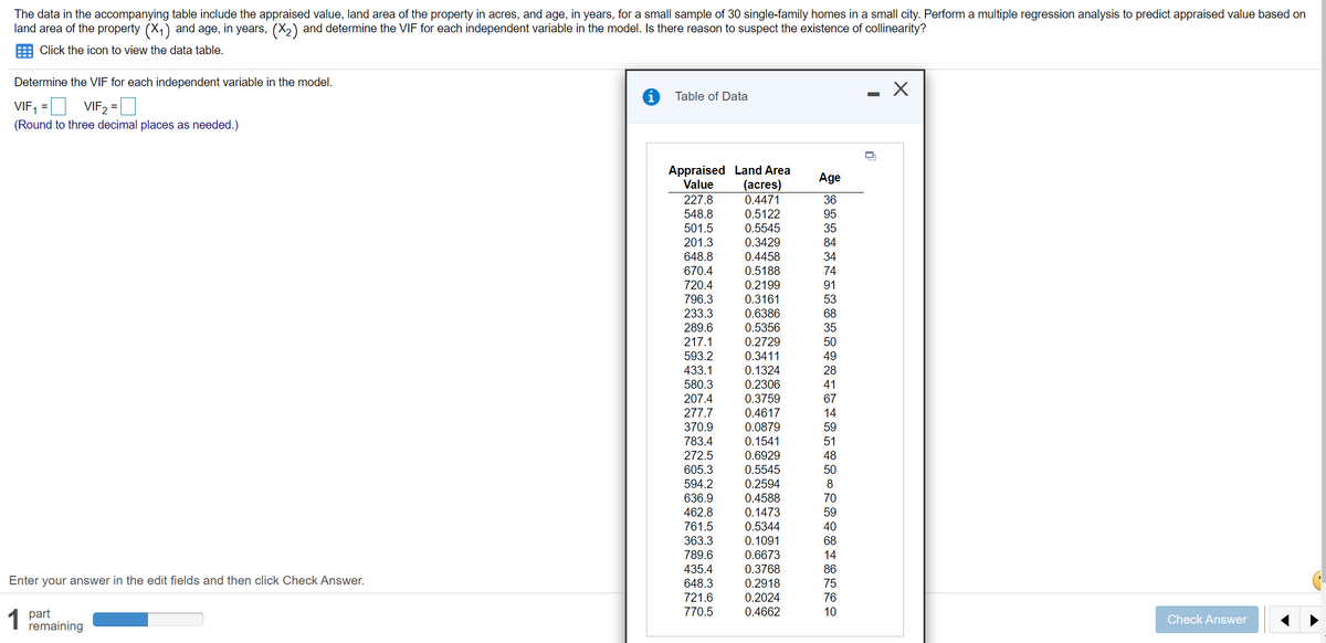 The data in the accompanying table include the appraised value, land area of the property in acres, and age, in years, for a small sample of 30 single-family homes in a small city. Perform a multiple regression analysis to predict appraised value based on
land area of the property (X,) and age, in years, (X2) and determine the VIF for each independent variable in the model. Is there reason to suspect the existence of collinearity?
Click the icon to view the data table.
Determine the VIF for each independent variable in the model.
i
Table of Data
VIF, =D VIF2 = I
(Round to three decimal places as needed.)
Appraised Land Area
(acres)
0.4471
0.5122
Age
Value
227.8
36
548.8
95
501.5
201.3
0.5545
35
0.3429
84
0.4458
0.5188
648.8
34
670.4
74
720.4
0.2199
91
796.3
0.3161
53
233.3
0.6386
68
289.6
0.5356
35
217.1
0.2729
50
593.2
0.3411
49
433.1
0.1324
28
580.3
0.2306
41
207.4
0.3759
67
277.7
0.4617
14
370.9
0.0879
59
783.4
0.1541
51
272.5
0.6929
48
605.3
0.5545
50
0.2594
0.4588
594.2
8.
636.9
70
462.8
0.1473
59
761.5
0.5344
0.1091
40
363.3
68
789.6
435.4
0.6673
0.3768
0.2918
14
86
Enter your answer in the edit fields and then click Check Answer.
648.3
75
721.6
0.2024
76
1 part
remaining
770.5
0.4662
10
Check Answer
