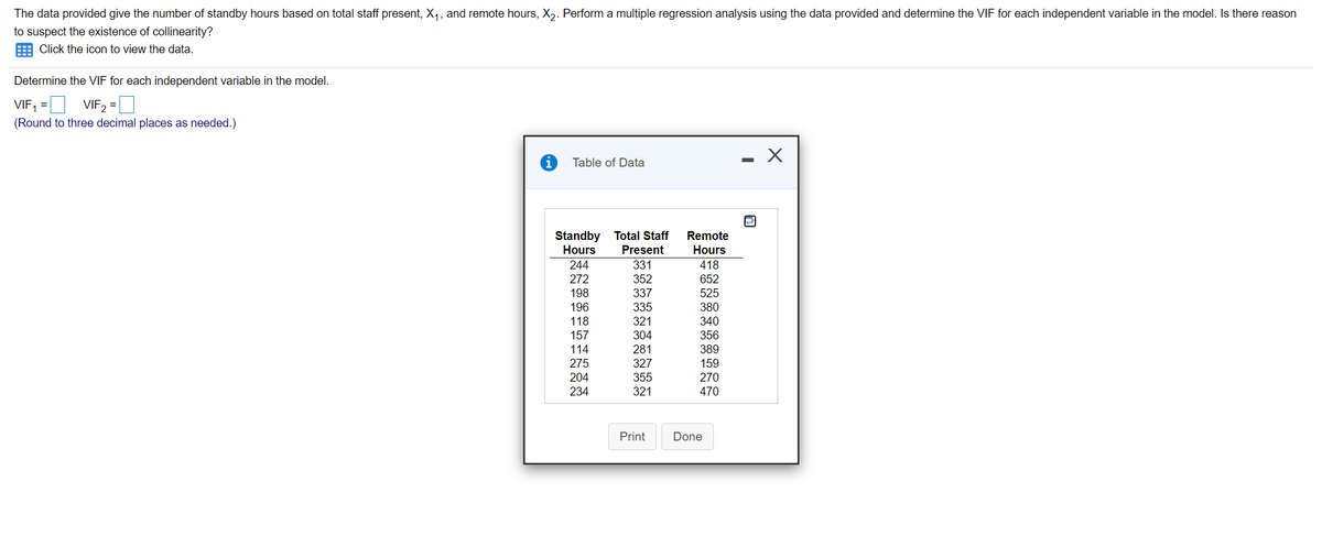 The data provided give the number of standby hours based on total staff present, X1, and remote hours, X,. Perform a multiple regression analysis using the data provided and determine the VIF for each independent variable in the model. Is there reason
to suspect the existence of collinearity?
Click the icon to view the data.
Determine the VIF for each independent variable in the model.
VIF, =D VIF2 =
(Round to three decimal places as needed.)
Table of Data
Standby Total Staff
Hours
Remote
Present
Hours
244
331
418
272
352
652
198
196
337
525
335
380
118
157
321
340
304
356
114
281
389
275
327
159
270
470
204
355
234
321
Print
Done
