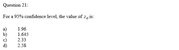 For a 95% confidence level, the value of zą is:
a)
b)
c)
1.96
1.645
2.33
