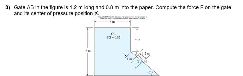 3) Gate AB in the figure is 1.2 m long and 0.8 m into the paper. Compute the force F on the gate
and its center of pressure position X.
8 m
Copyright
on
bution without the prior written consent of McG
6 m
Oil,
SG=0.82
1 m.
4 m
A1.2 m
B
40°