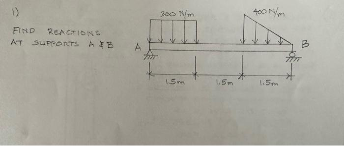 1)
FIND REACTIONS
AT SUPPORTS A & B
A
300 N/m
1.5m
1.5m
400 N/m
1.5m
W